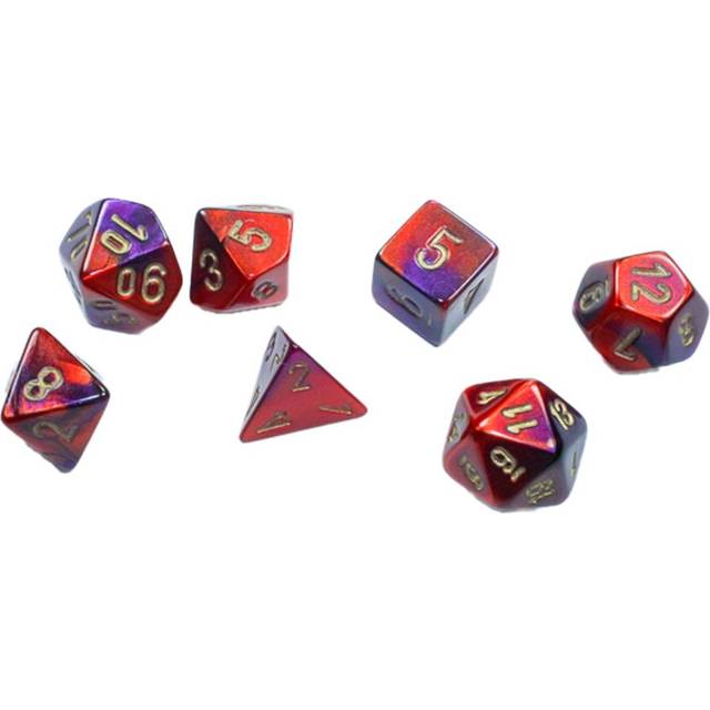 Purple and Red Gemini Mini Dice with Gold Colored Numbers 10mm (3/8in)
