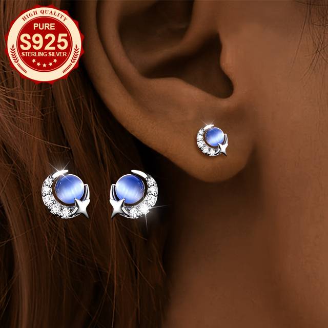 TEMU Pair, S925 Silver, Women's Blue Glass Ball Star Moon Earrings, Cute And Compact, Temperament Fashionable, , Star Moon Elements, Gift, Low Allergy