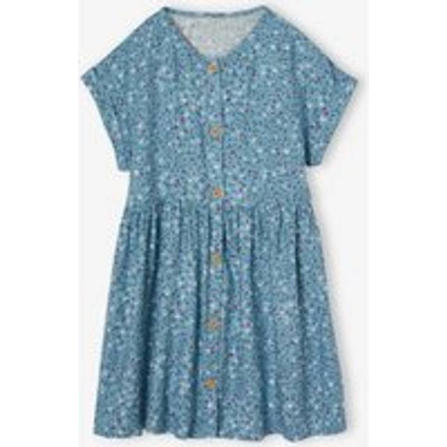 Button-up floral dress for girls sky blue