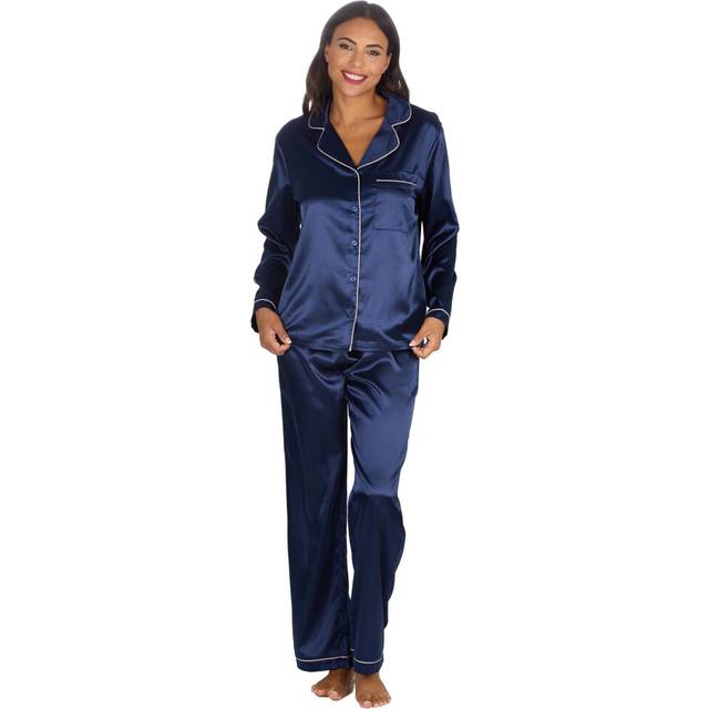 (Navy, 10-12) Ladies Luxury Satin Long Pyjama Set Button Up Silky 2-Piece Pj'S Nightwear Long Sleeved Lounge Set Sizes 10-24