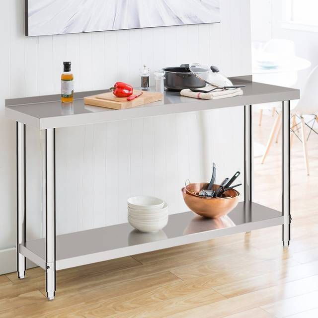 Two-Tier Stainless Steel Workbench with Backsplash - Silver / 180cm