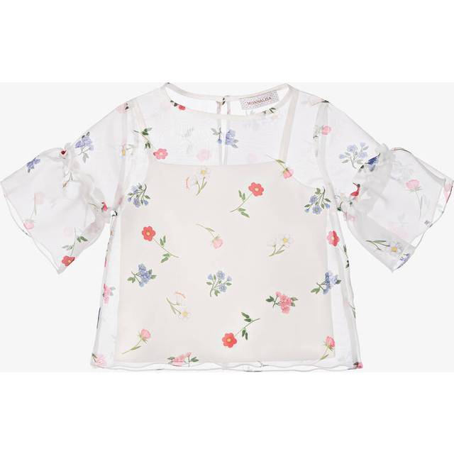 Monnalisa Girls White Organza Floral Blouse - 8 year