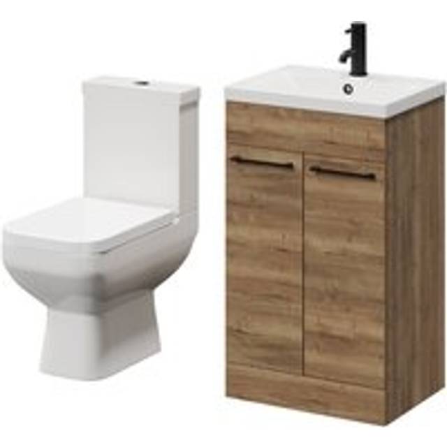 Wholesale Domestic Turin Floor Standing Vanity Unit and Toilet Suite with 1 Tap Hole Glide Basin and 2 Doors with Matt Black Handles | Tobacco Oak | ABS Polished Chrome | 500mm