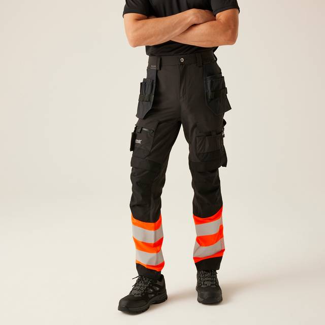 Regatta Professional Men's Water-repellent Hi-vis X-pro Stretch Holster Trousers Class 1 Black Orange, Size: 38 R