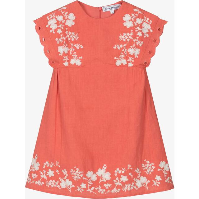 Tartine Et Chocolat Girls Coral Pink Linen Embroidered Dress - 4 year