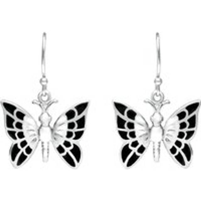 Sterling Silver Whitby Jet Butterfly Drop Earrings - Silver