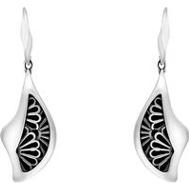 Sterling Silver Whitby Jet Gothic Filigree Fan Drop Earrings - Silver