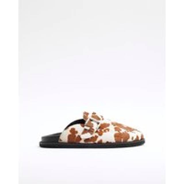 River Island Womens Brown Leather Cow Print Buckle Clogs - 4