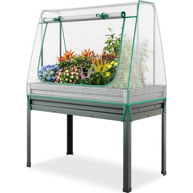 3-in-1 Raised Garden Bed with Greenhouse Cover and Trellis-Grey
