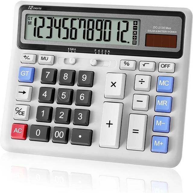 Desk Calculator 12 Digit with Big Buttons, Desktop Dual Power Calculator with Large Display for grey