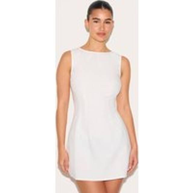 White Boat Neck Linen Shift Dress, White - 4