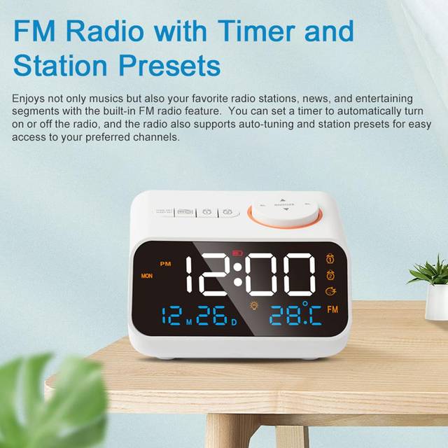Multifunctional Alarm Clock with FM Radio Rechargeable LED Digital Clock with Temperature and svart