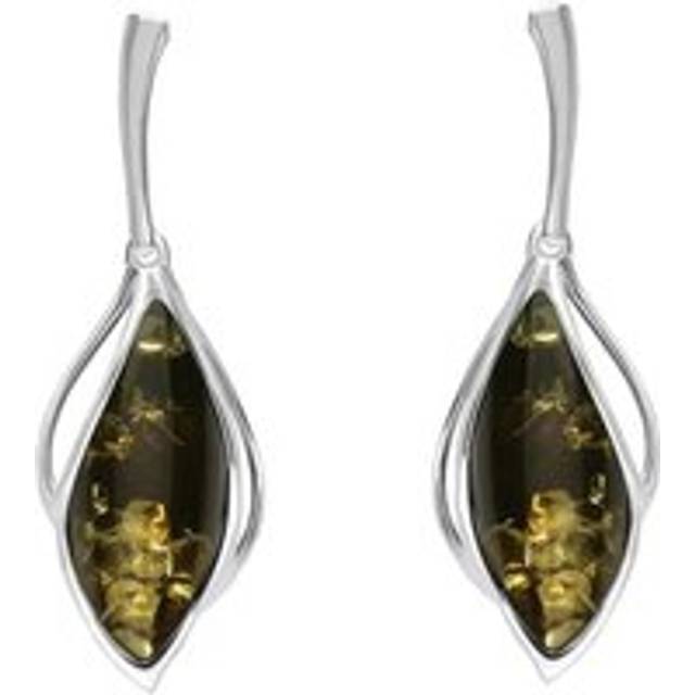 Sterling Silver Green Amber Open Marquise Drop Earrings