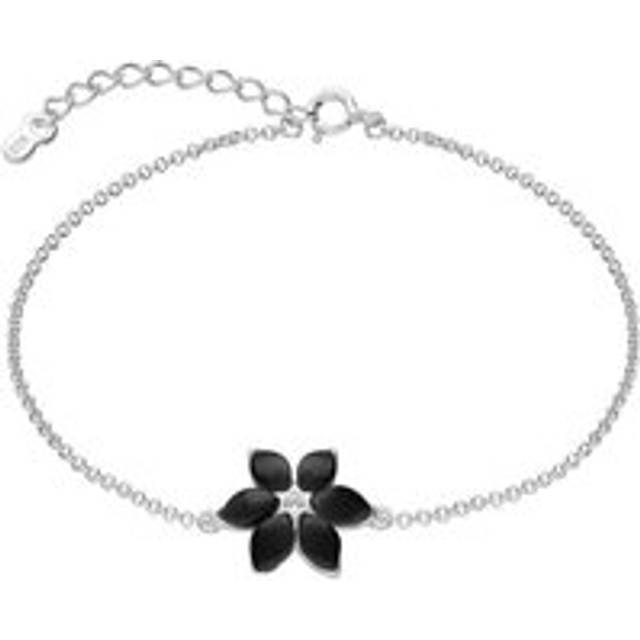 Sterling Silver Whitby Jet Six Stone Petal Flower Bracelet - Silver
