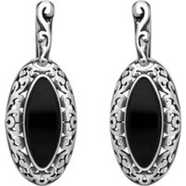 Sterling Silver Whitby Jet Marquise Pierced Frame Earrings