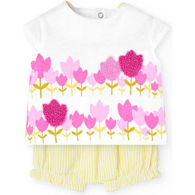 Boboli Baby Girls Yellow Cotton Floral Shorts Set - White - 9 month