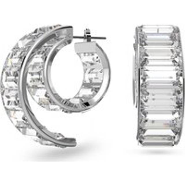Swarovski Matrix Rhodium Plated White Crystal Baguette Cut Hoop Earrings - Silver