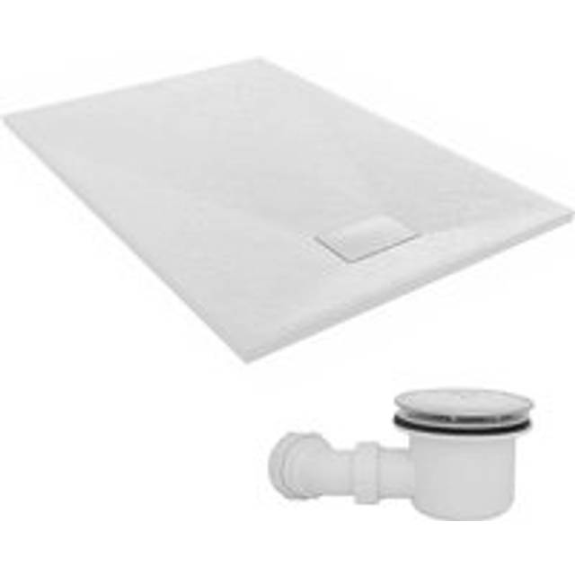 1300 x 900mm smc White Rectangle Slate Effect Bathroom Shower Tray & Fluidmaster Fast Flow Waste Trap - NRG