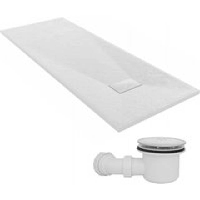 1800 x 700mm smc White Rectangle Slate Effect Bathroom Shower Tray & Fluidmaster Fast Flow Waste Trap - NRG