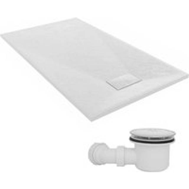 NRG - 1400 x 800mm smc White Rectangle Slate Effect Bathroom Shower Tray & Fluidmaster Fast Flow Waste Trap