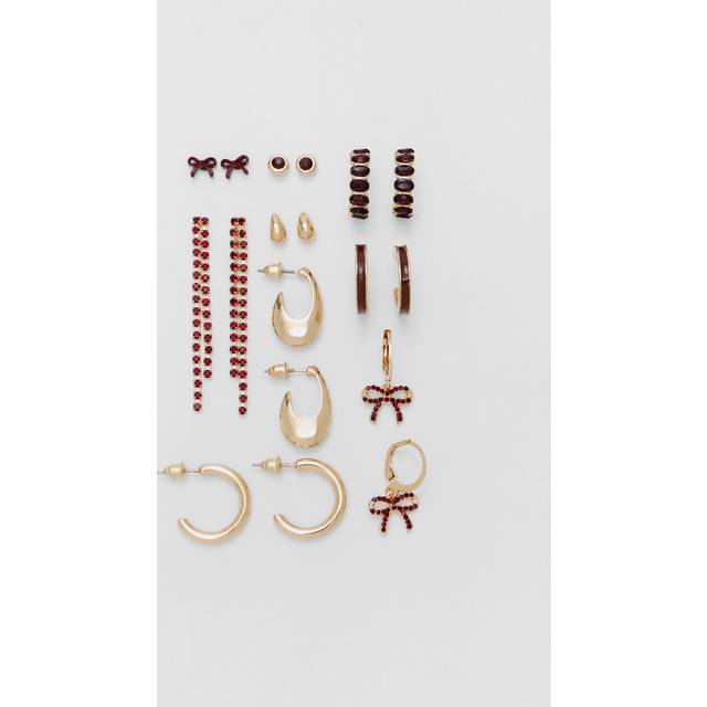 Stradivarius Set of 9 hoop and rhinestone earrings Burgundy OS