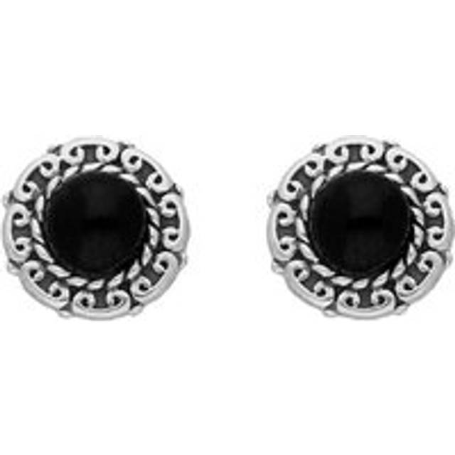 Sterling Silver Whitby Jet Round Beaded Edge Stud Earrings - Silver