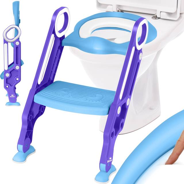 KIDIZ® Barn toalettsits toaletttränare med trappa och handtag vikbar barntoalett toalett sits pottränare lärande potta bekväm kudde och breda steg toaletttrappa justerbar höjd blå
