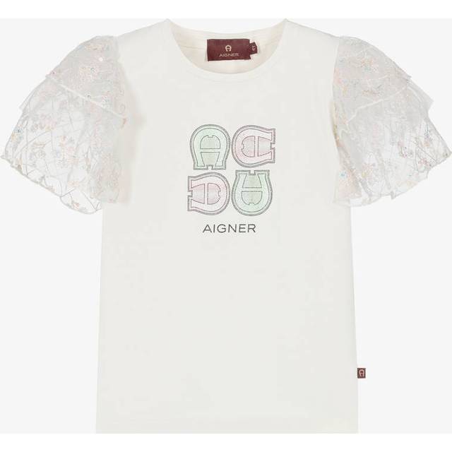 Aigner Girls Ivory Cotton T-Shirt With Tulle Sleeves - 6 year