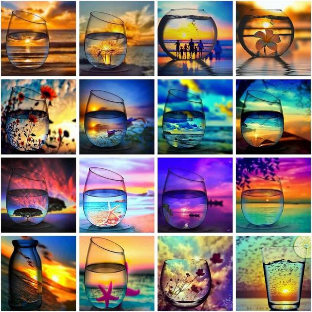 5D DIY Diamond Painting Sunset Wine Glass Bottle Kits For Cross Stitch Diamond Embroidery Landscape Seaside Handmade Gift Full Round 30x30CM red