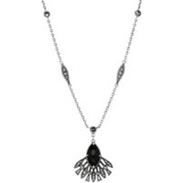 Sterling Silver Whitby Jet Marcasite Feather Necklace