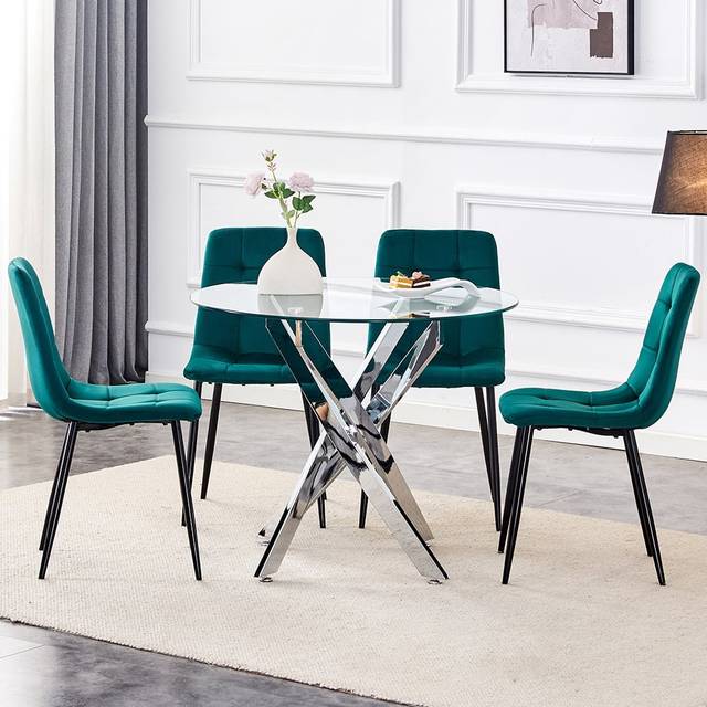 Kosy Koala 4 Seater Glass Round Dining Set Green Velvet - Multi