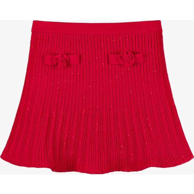 Red Ribbed Knit Flared Skirt