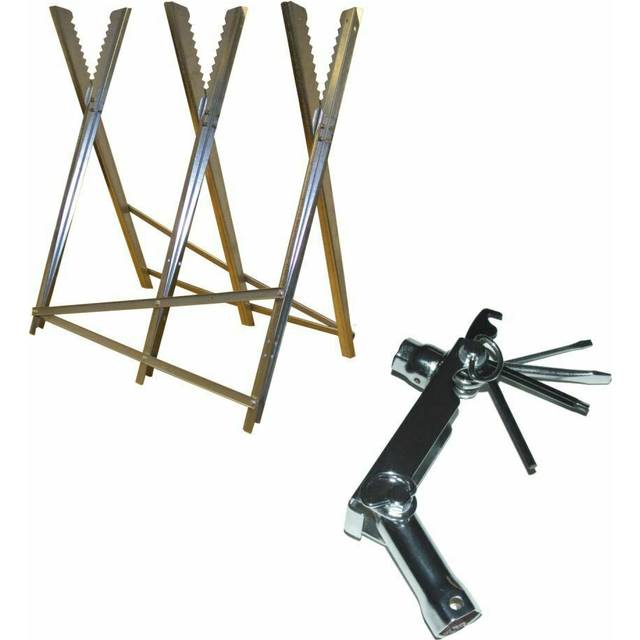 Folding log cutting saw horse trestle stand for wood logs & chainsaw pocket tool