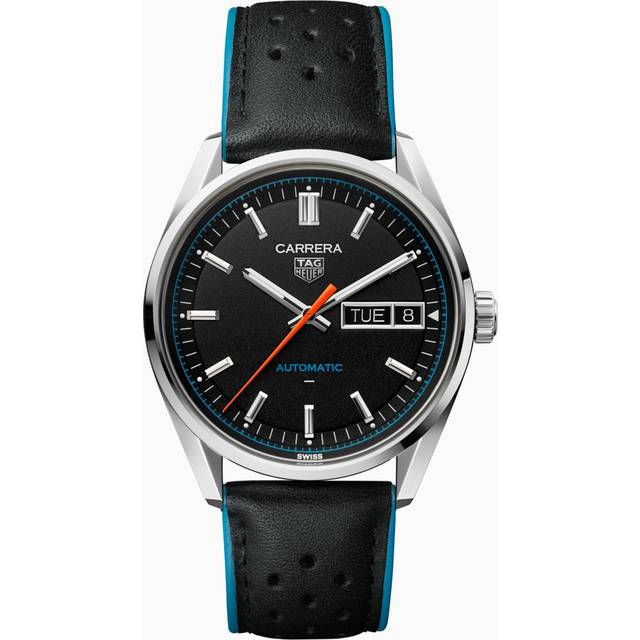 New - TAG Heuer Carrera Day-Date 41 mm Watch - Black Dial - Black Leather Band - Steel Case