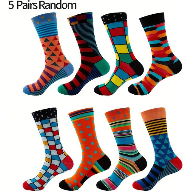 TEMU A Pack Of 5 Pairs Of Men's Mid-calf Socks With Geometric Patterns, Stylish And Suitable For Business, Everyday Use, Colors Are Random.