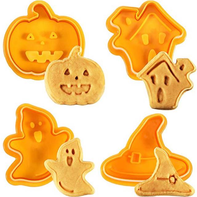 4pcs/set Halloween Mould Biscuit Stamp 3D Plunger Cutter DIY Baking Mould Cutters For Kitchen Tools orange