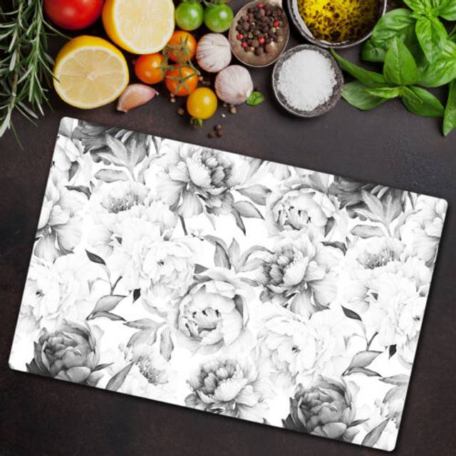 Glass chopping cutting board worktop saver peonies black and white peony 80x52