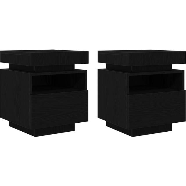 Bedside Cabinet Set Of 2 Black Oak Engineered Wood Standard (48.5cm H X 40cm W X 39cm D)