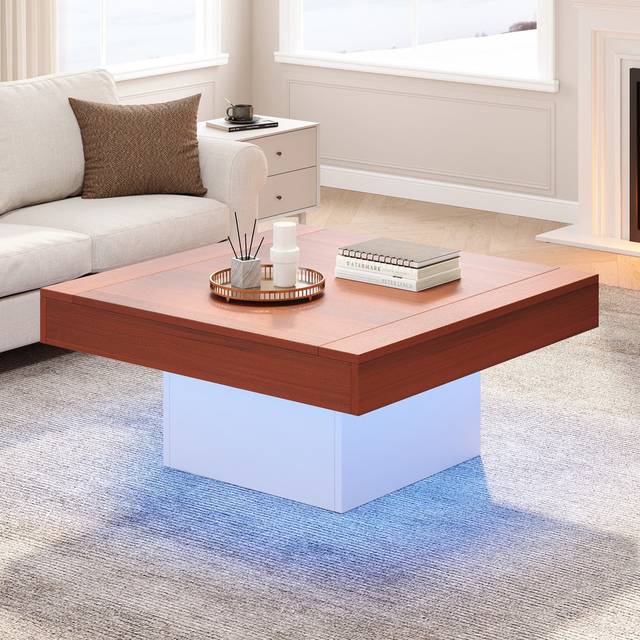 Square Low Coffee Table with LED Lights - Brown Wood (40cm H X 70cm W X 70cm D)