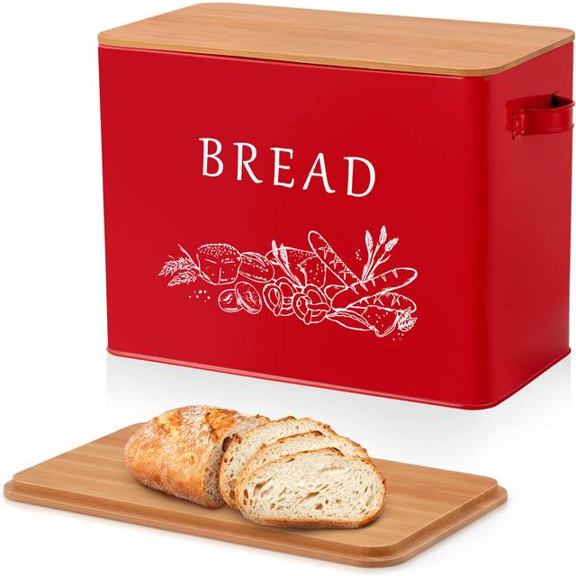Extra Large Metal Bread Bin with Bamboo Lid – Space-Saving, Vintage Style, Fits 2 Loaves. - Red