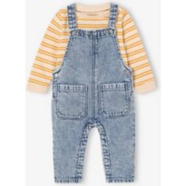 Striped T-shirt and denim dungarees set for babies double stone
