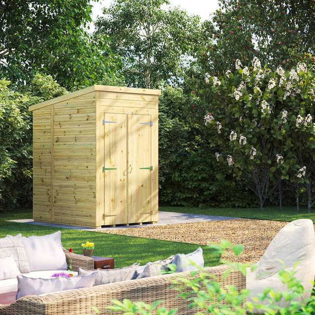Powersheds Pent Roof Premium Double Door Windowless Garden Shed, 4ft x 6ft, High-Grade Timber Shiplap