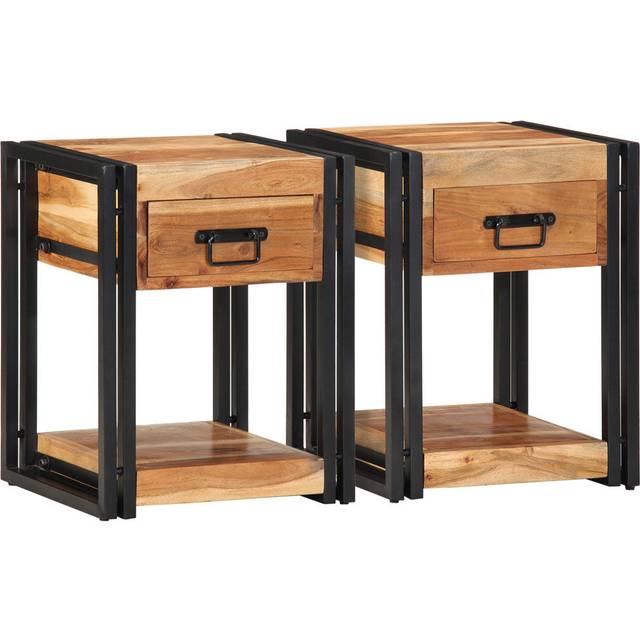 Bedside Cabinets Set Of 2 Brown Solid Acacia Wood, Iron (50cm H X 40cm W X 35cm D)