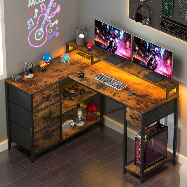 L-Shaped Computer Desk With 4 Drawers, Gaming Desk With Power Outlet And Monitor Stand, Corner Desk - Black (190.5cm H X 355.6cm W X 254cm D)
