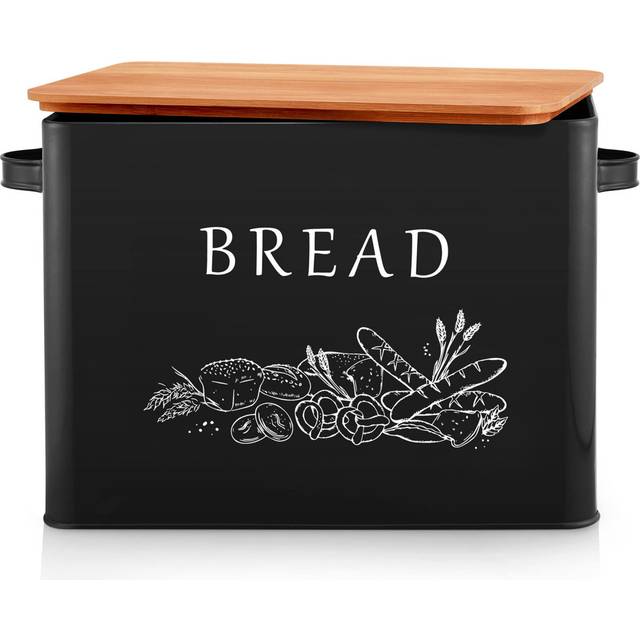 Extra Large Metal Bread Bin with Bamboo Lid – Space-Saving, Vintage Style, Fits 2 Loaves. - Black