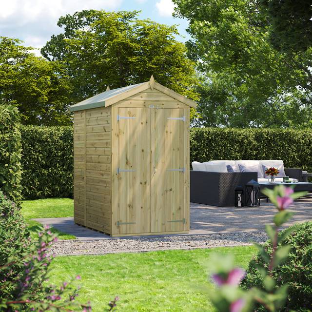 4 ft. W x 6 ft. D Power Double Door Premium Apex Pressure Treated Windowless Shed - Brown (131.4cm W X 197.6cm D X 224.3cm H)