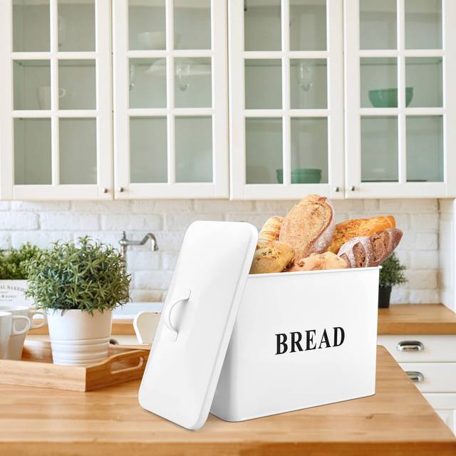 Extra-Large Vintage Metal Bread Bin with Lid – Space-Saving Black Loaf Storage for Countertop. - White
