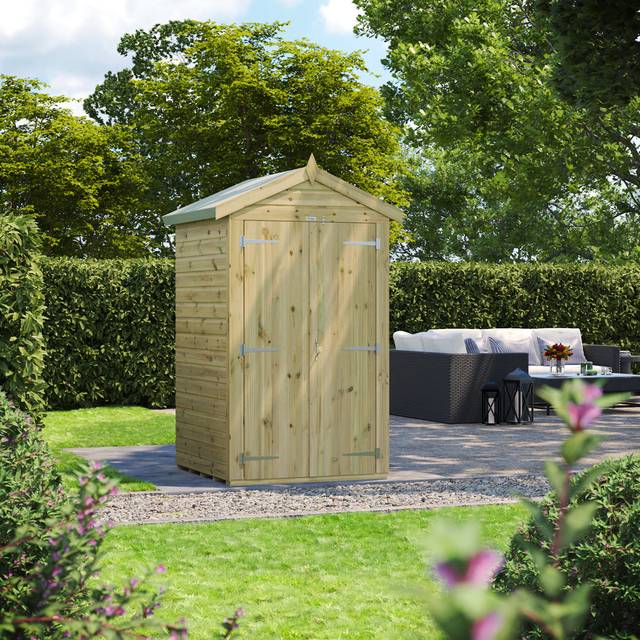 4 ft. W x 4 ft. D Power Double Door Premium Apex Pressure Treated Windowless Shed - Brown;Green (131.4cm W X 137.6cm D X 224.3cm H)