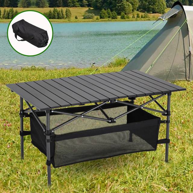 Aluminum Roll-Top Foldable Camping Table with Mesh Shelf - Black (Large)