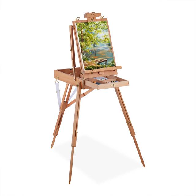 Relaxdays - Portable Easel, for Adults, Height & Tilt Adjustable, Painting Case, xl Easel with Drawer, Wooden, Natural
